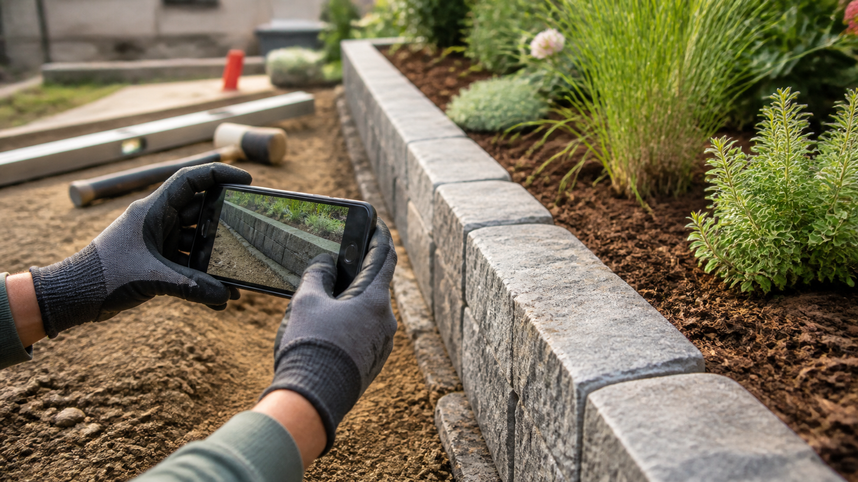 Baustellendokumentation mit einem Smartphone am Gartenprojekt