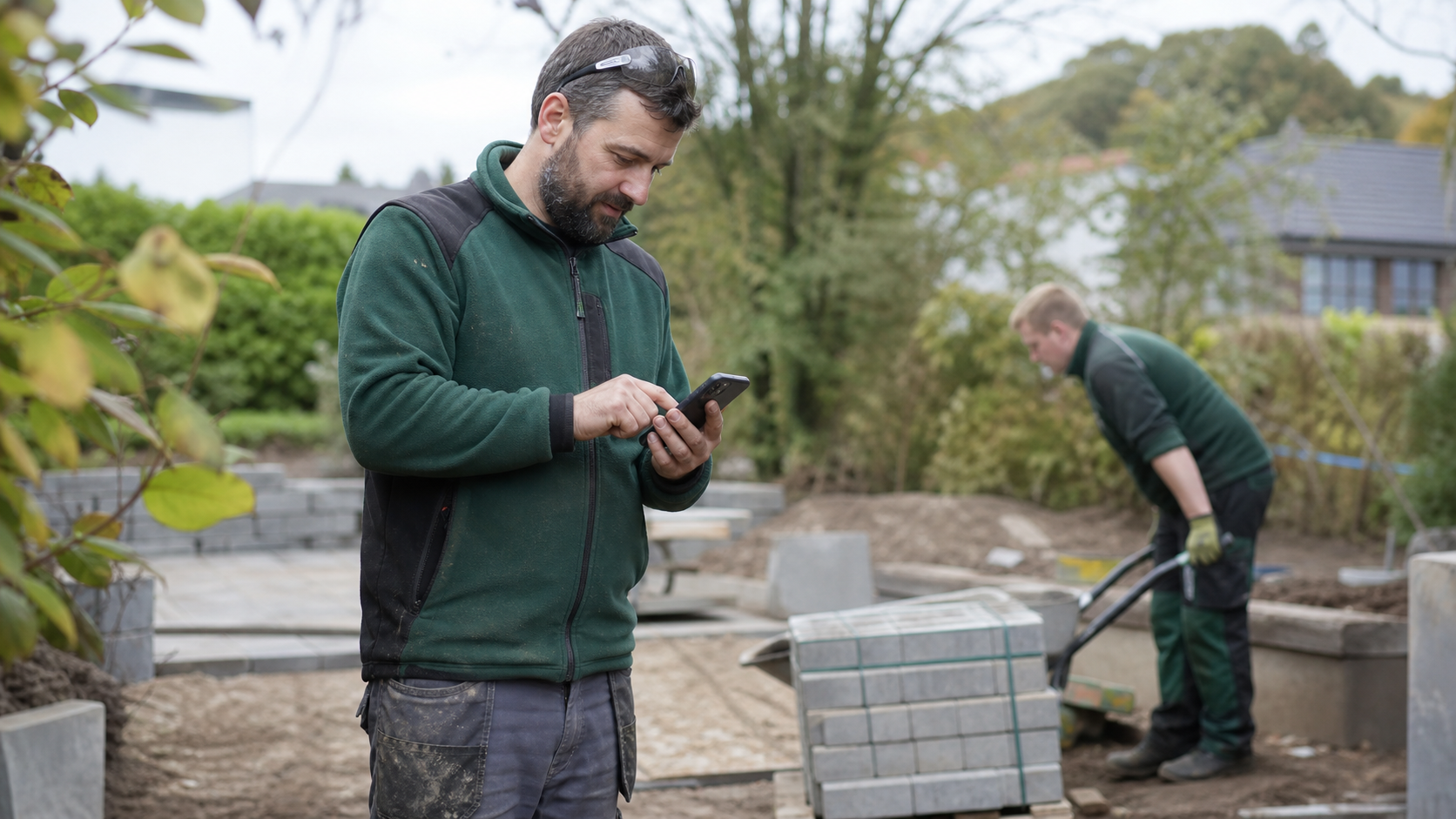 GaLaBau-Team erfasst eine Tätigkeit direkt auf der Baustelle
