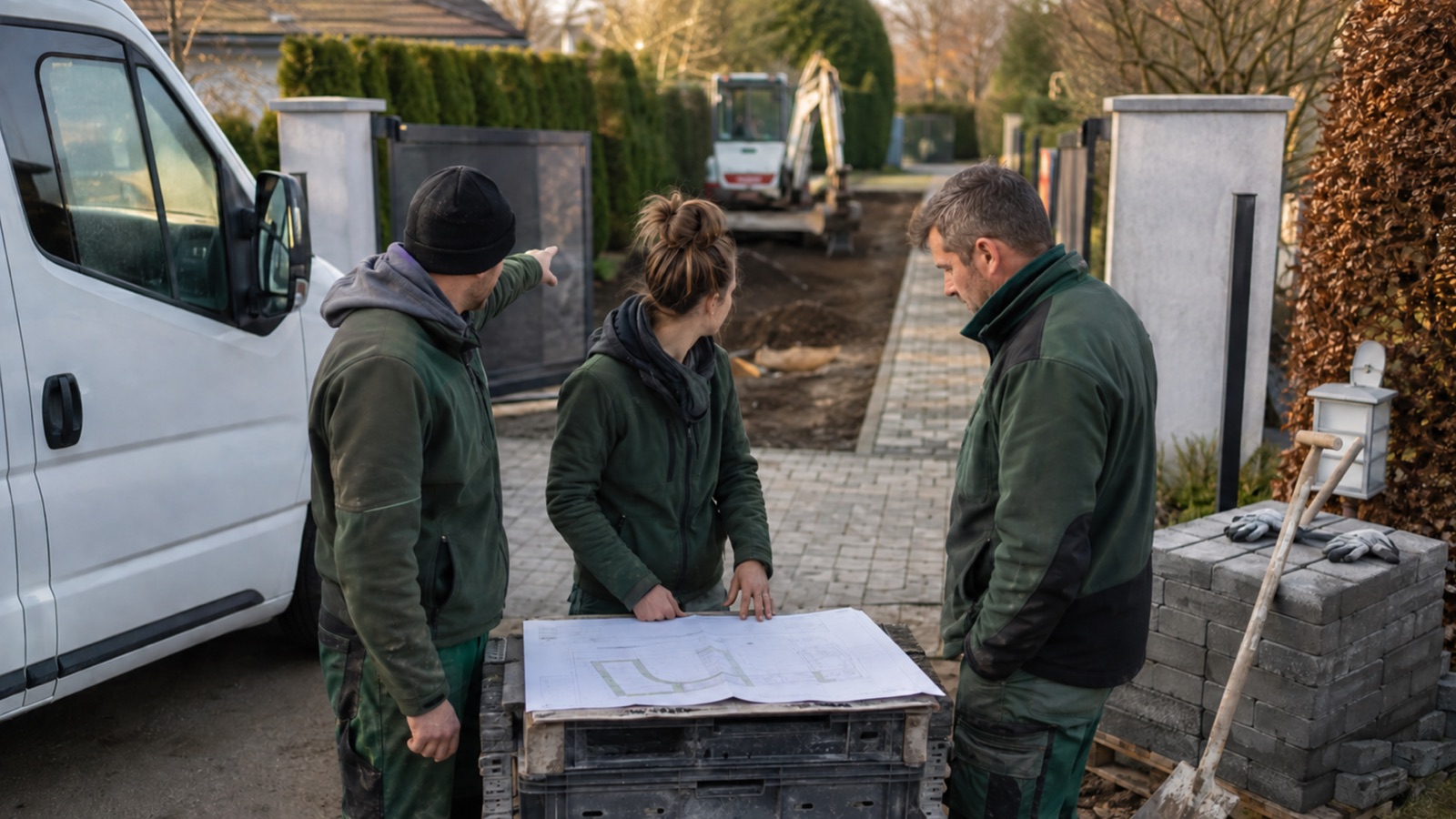 Bauleiterin und GaLaBau-Team besprechen vor dem Baustart Plan, Zufahrt und Material