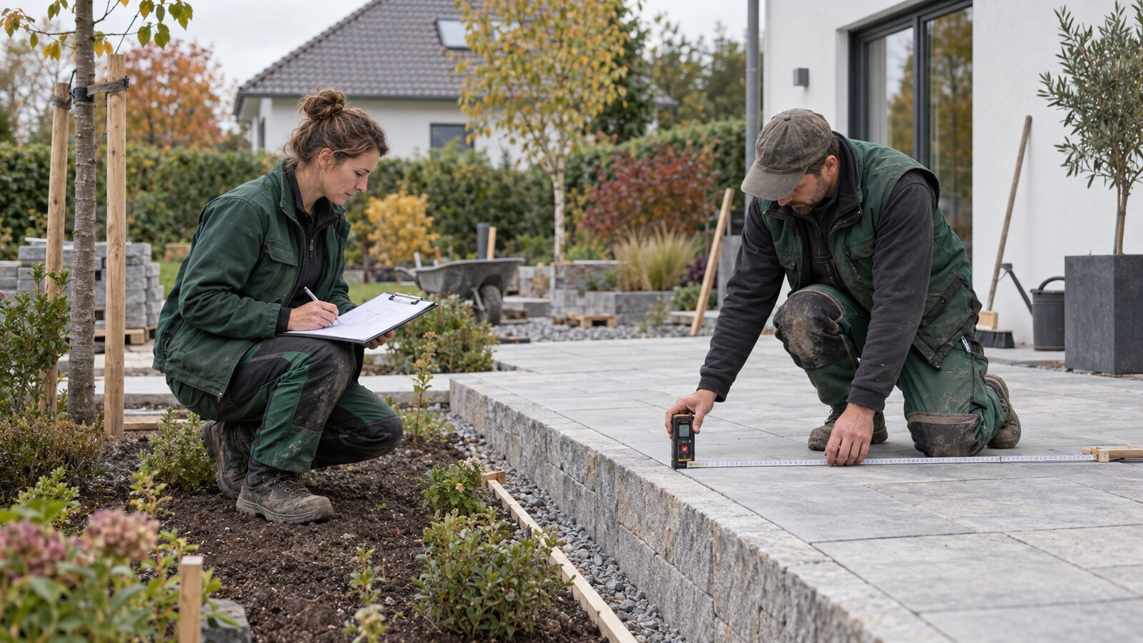 Bauleiterin und Vorarbeiter erstellen gemeinsam ein Aufmaß auf einer GaLaBau-Baustelle
