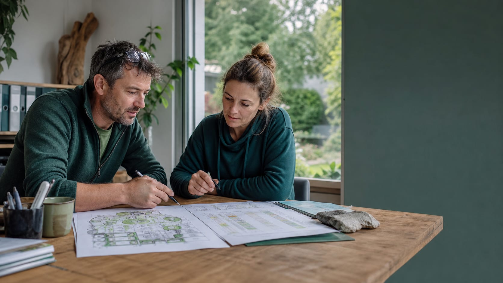 GaLaBau-Team bespricht im Betriebsbüro einen Gartenplan und die Wochenplanung