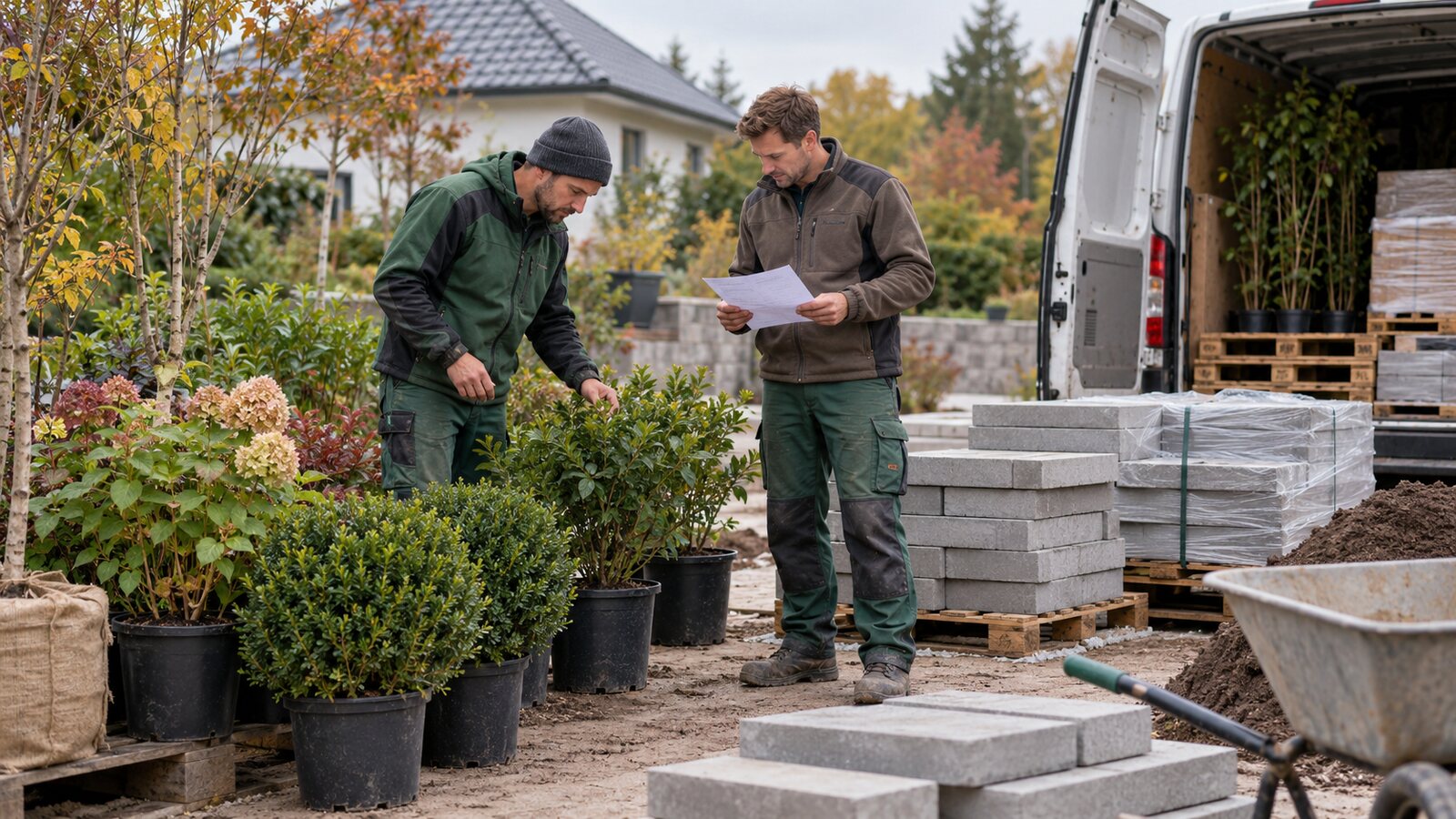 Zwei GaLaBau-Fachkräfte prüfen angelieferte Pflanzen und Pflastermaterial auf einer Gartenbaustelle