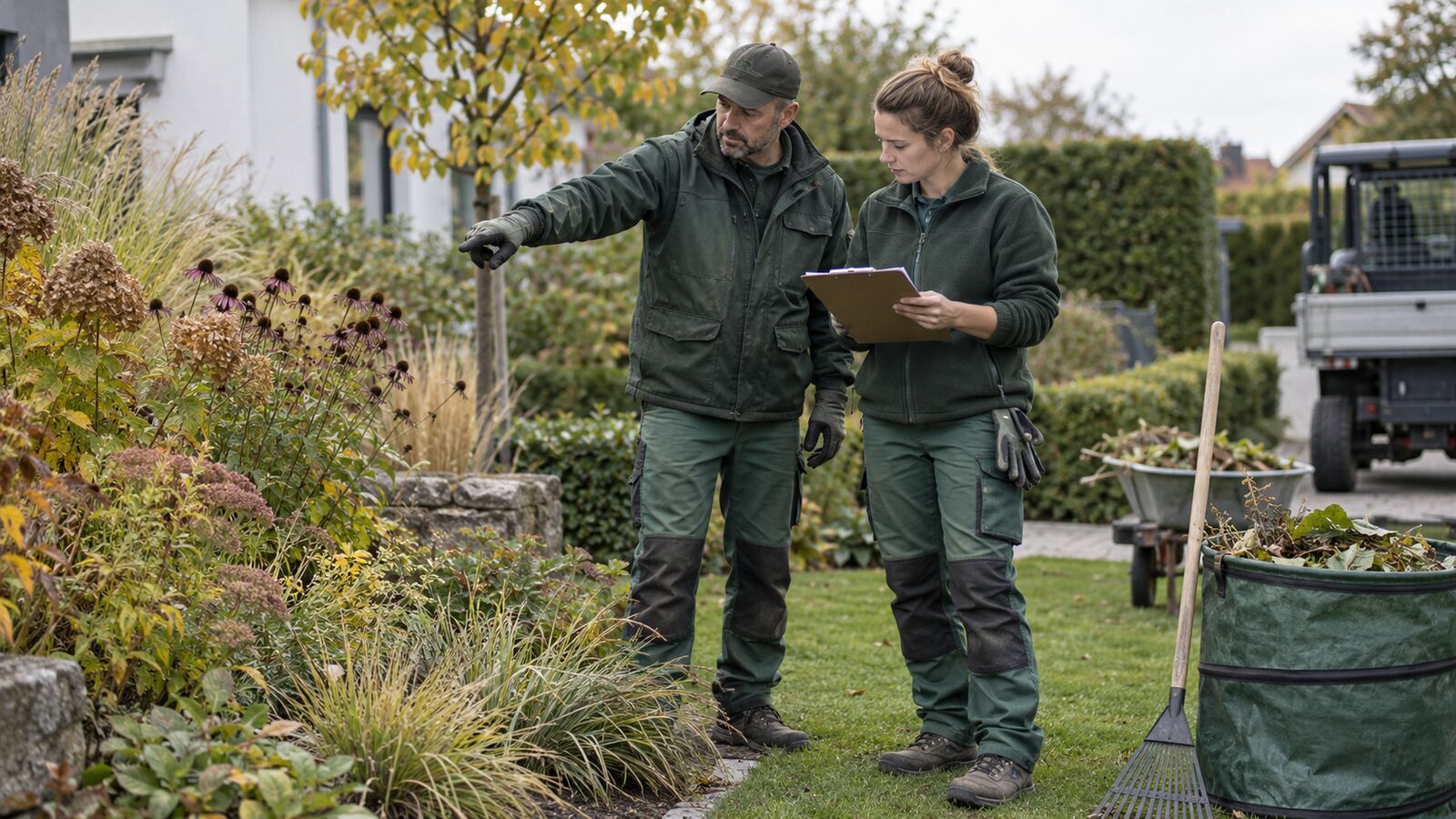 Zwei GaLaBau-Fachkräfte planen einen Pflegeeinsatz im Garten anhand einer Aufgabenkarte